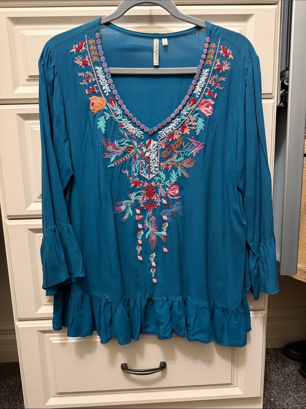 grand & greene Teal Embroidered V-Neck Tunic
